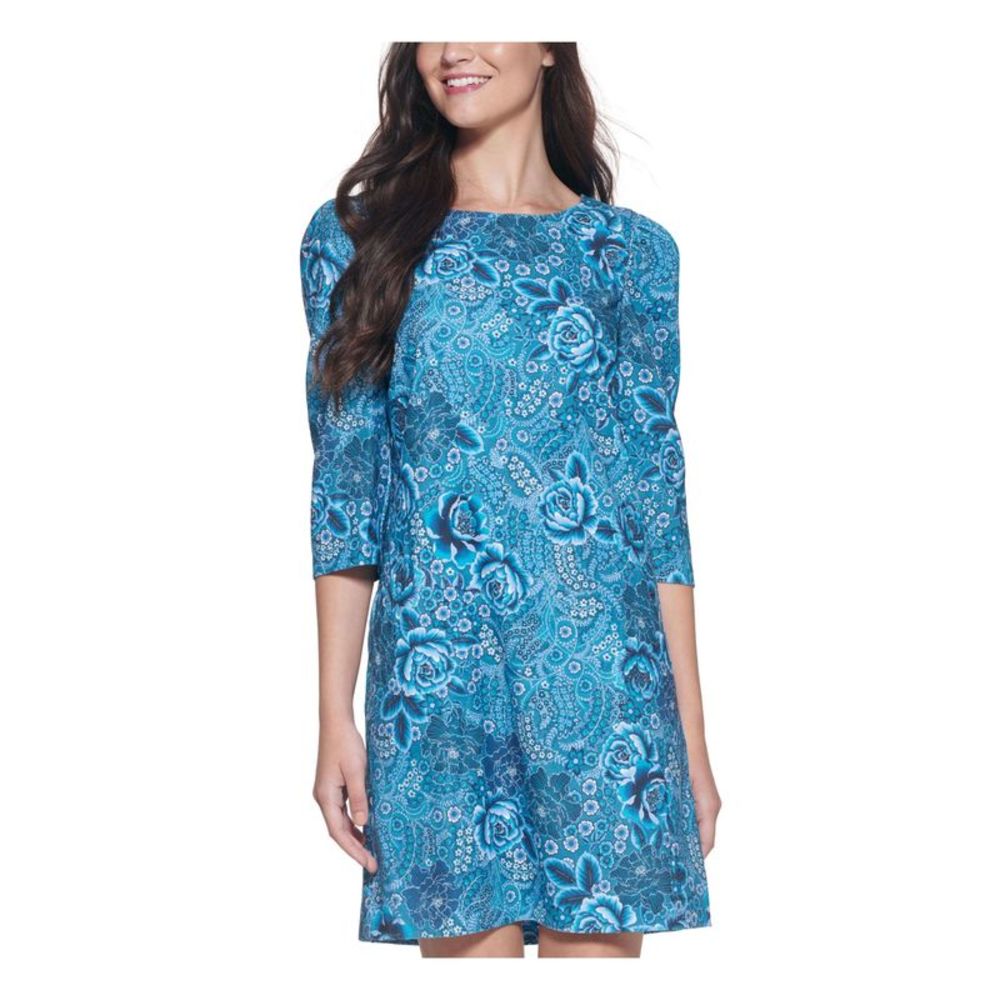 KENSIE DRESSES Womens Blue Soft Corduroy Pouf Sleeve Short Shift Dress 4